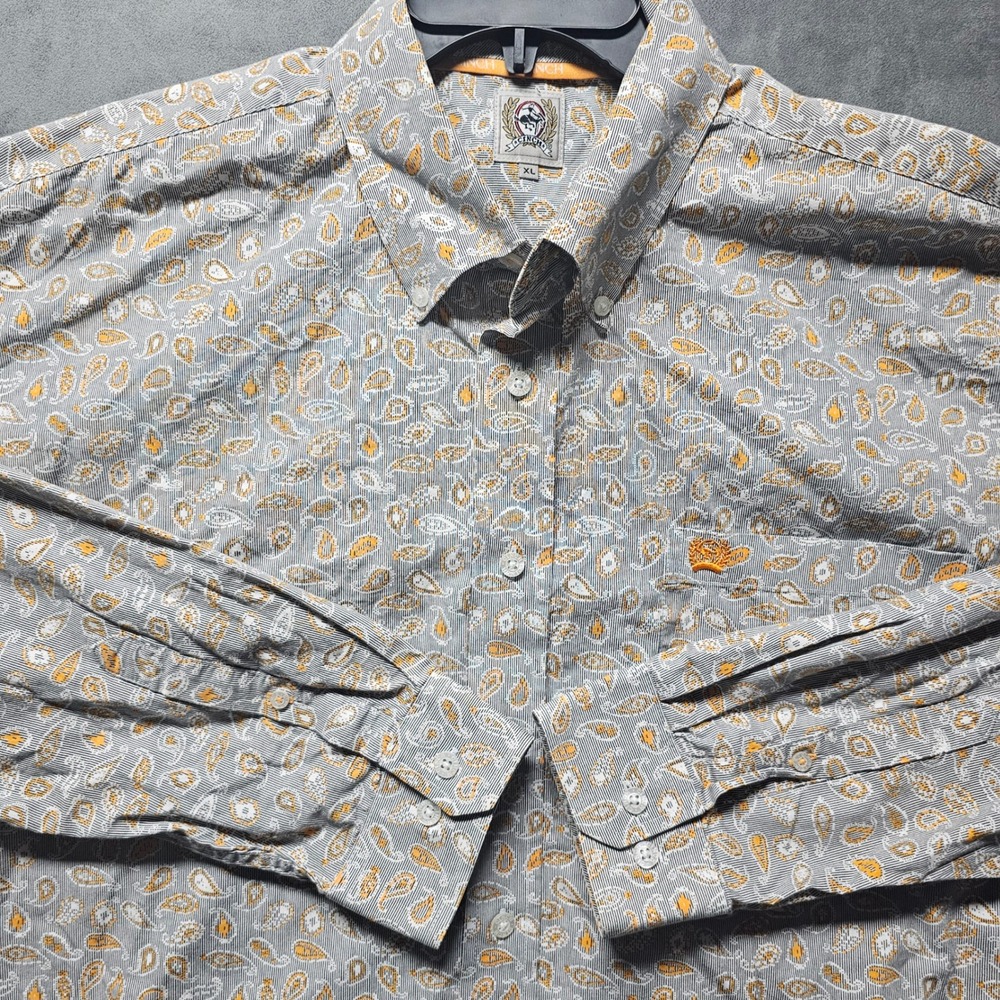 Cinch Mens XL Paisley Western Button Down Shirt Grey Orange Long Sleeve Cotton